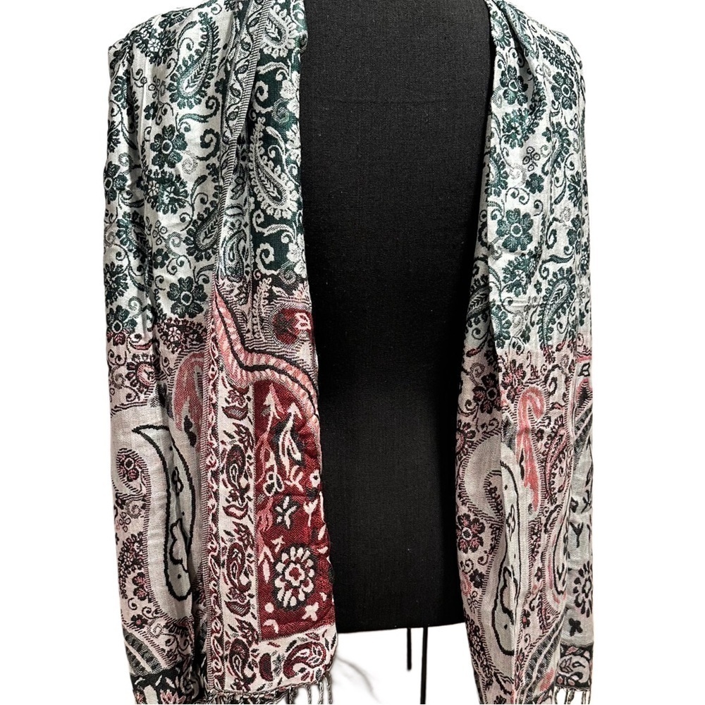 Elegant Shawl in Green & Red Paisley -Versatile Wrap, Scarf, or Veil, Soft Rayon - Picture 6 of 17
